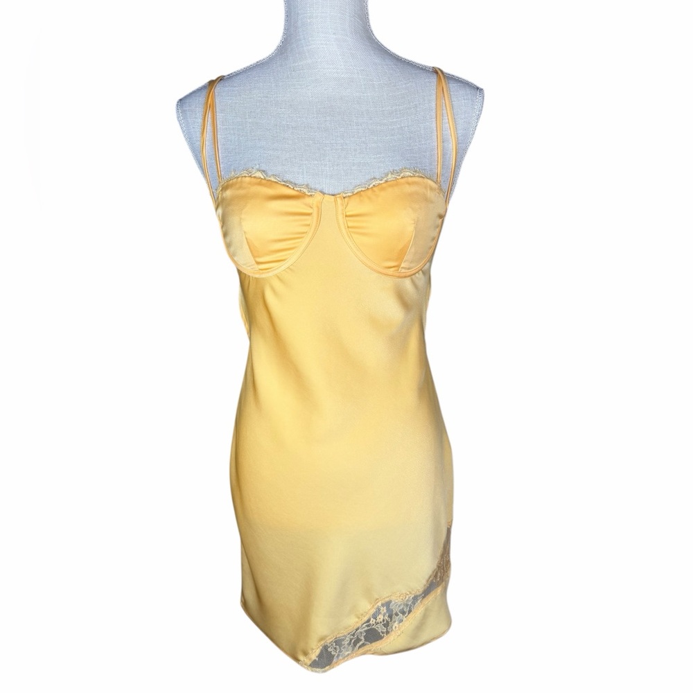 Meshki Yellow Lemon Joslyn Lace Satin Slip Mini Dress - Picture 4 of 12